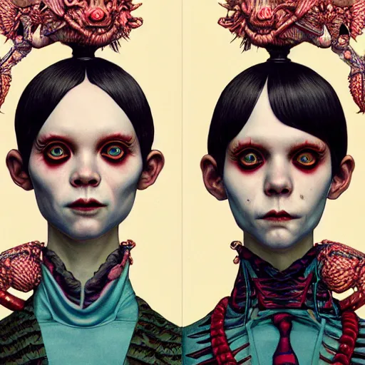 Image similar to creepy twins:: by Martine Johanna and Simon Stålenhag and Chie Yoshii and Casey Weldon and Guillermo del toro :: ornate, dynamic, particulate, intricate, elegant, highly detailed, centered, artstation, smooth, sharp focus, octane render, 3d