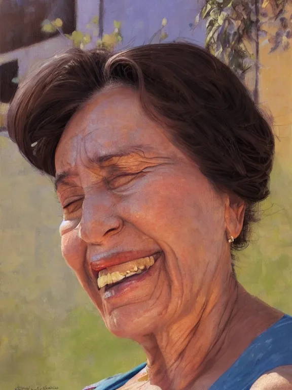Prompt: an ultradetailed beautiful portrait painting of an older cuban woman smiling with closed eyes whilst enjoying the sun, side view, oil painting, high resolution, by ilya kuvshinov, greg rutkowski and makoto shinkai