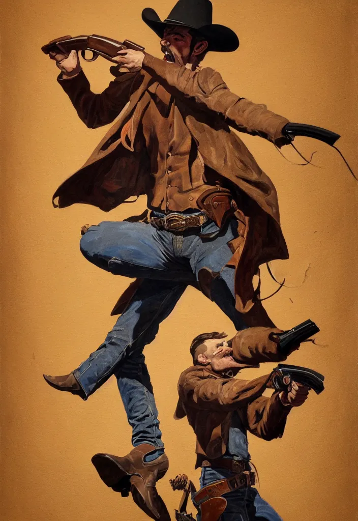 Prompt: acrylic on paper painting of an epic portrait of a cowboy firing his revolver while yelling, full body with dynamic pose and correct anatomy, during archetypical Old West period, 19th century, male, detailed face, cinematic lighting, by concept art trending on ArtStation, masterpiece, fantastic, octane render, 8K HD Resolution, High quality image