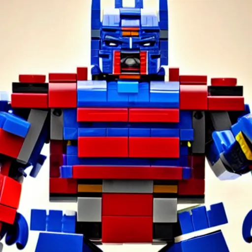 Prompt: a still photo of a lego optimus prime