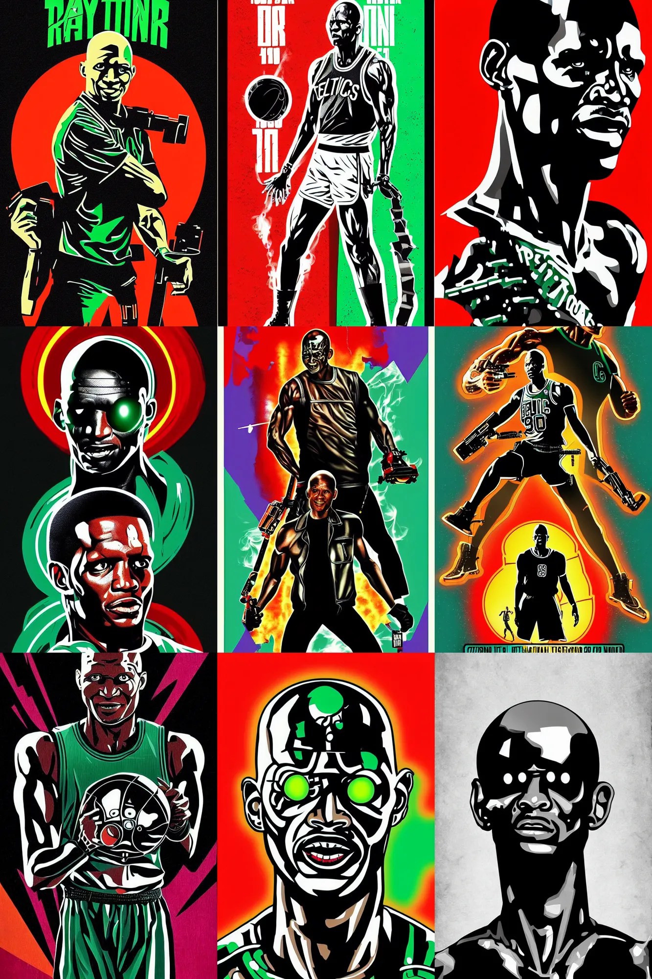 Prompt: celtics ray allen as the terminator, cyborg, the terminator ( 1 9 8 4 ), 8 0's movie poster art, fan art, vibrant, digital art, minimalist, trending on artstation