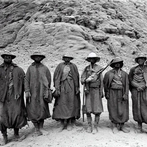 Image similar to ultra detailed photorealistic sepia - toned photo from 1 9 1 7, a small group of british soldiers standing with bedouin traders in traditional arab garb, at an archaeological dig site in wadi rum, ultra realistic, painted, intricate details, lovecraft, atmospheric, dark, horror, brooding, highly detailed, by clyde caldwell