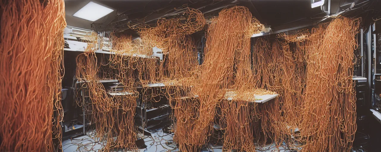 Image similar to a large computer server room overflowing with spaghetti, canon 5 0 mm, cinematic lighting, photography, retro, film, kodachrome, closeup