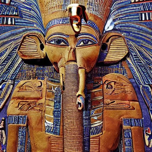 Prompt: the annunaki have returned to an egypt landscape wearing space suits with egyptian pharaoh head - dresses and breathing hoses that look like elephant trunks - vibrant, alien - looking, cyborg, detailed, photo - realism