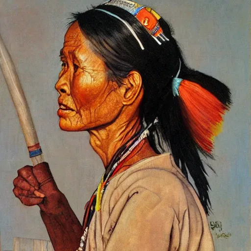 Image similar to high quality high detail painting by norman rockwell, hd, a skinny beautiful kayan female tribe leader, hair in wind, photorealistic lighting