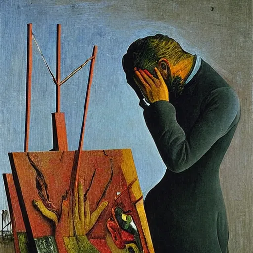 Image similar to a painter at his easel crying in despair, painting by Max Ernst