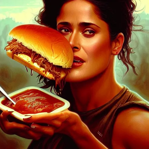 Prompt: Salma Hayek eating a huge pulled-pork sandwich dripping bbq sauce, closeup, D&D, fantasy, intricate, elegant, highly detailed, digital painting, artstation, concept art, matte, sharp focus, illustration, art by Artgerm and Greg Rutkowski and Alphonse Mucha