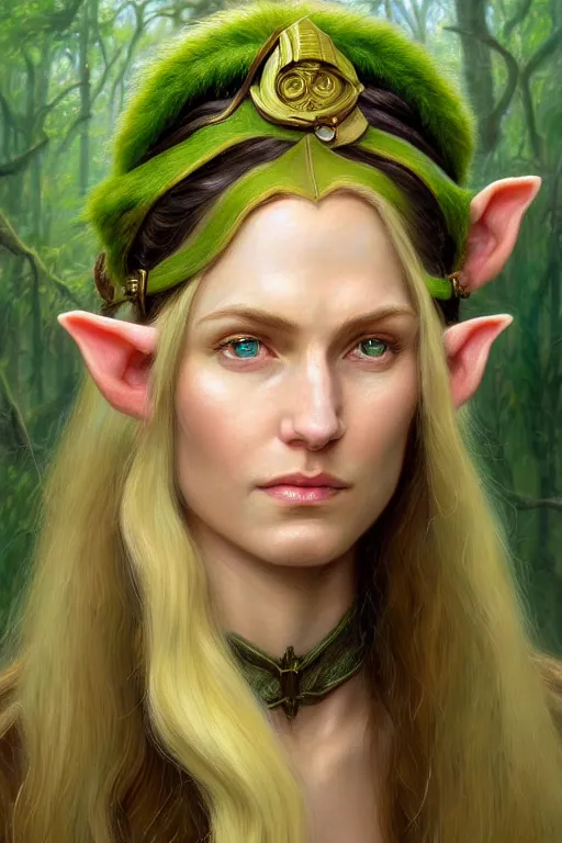 Prompt: Face portrait of a gorgeous Elf lady, long golden hair, jungle ranger attire, pale skin, light green eyes, small nose, pretty smile, black headband, Alone, no extra characters, pointy ears high fantasy, by Joseph Christian Leyendecker, by donato giancola, matte painting, rending on artstation, artstationHD, artstationHQ, no extra characters, no extra arms, no extra hands, HD 8K