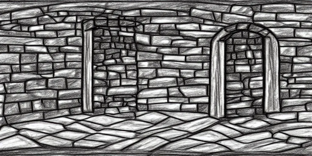 Image similar to Drawing of a large scale field landscape. single gritty stone gate as centerpiece. Stylized. Digital art. 8k. Evocative.