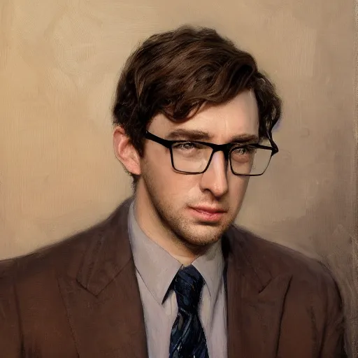 Prompt: detailed cinematic wide shot of sucession actor nicholas braun black suit with glasses smooth, sharp focus, ultra realistic, spring light, painting by gaston bussiere, craig mullins, j. c. leyendecker