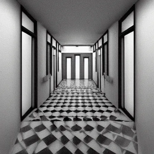 Image similar to “a disorienting white hallway and stairwell with many doors, confusing, creepy, eerie, doors, stairs, dimensions, MC Escher architecture, anime style, detailed background”