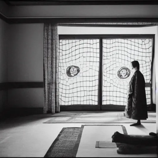 Image similar to woman in traditional hanbok waiting in living room while the shadow of a giant Kaiju-eiga starfish is behind the screen window, 35mm film still, monochrome Wes Anderson and Fritz Lang