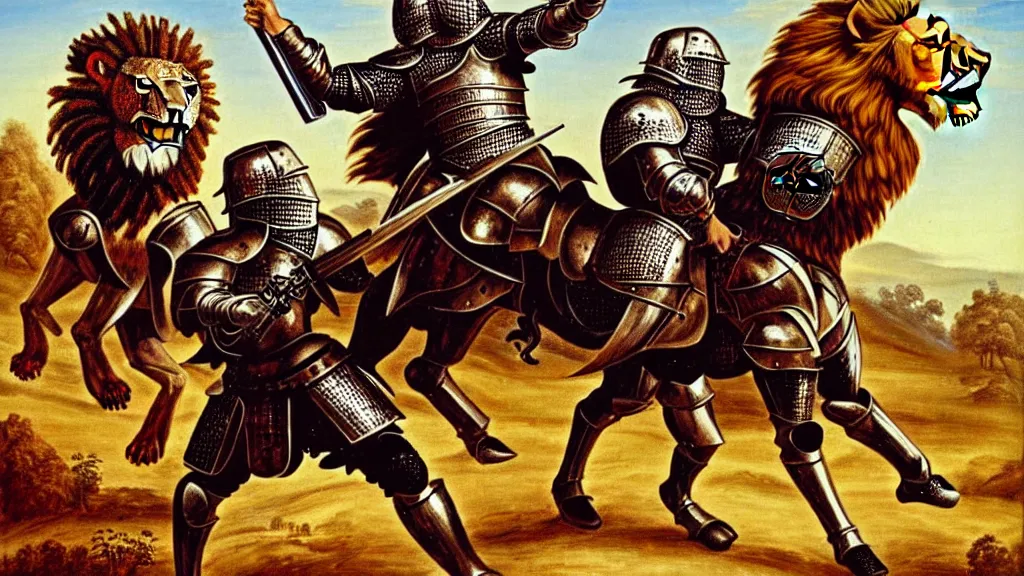 Image similar to fully armored knight wielding an automatic weapon fighting a lion in a medieval setting, painted by bob ross