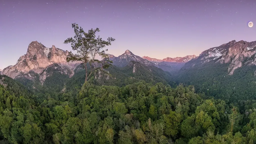 Prompt: Panoramic photo where the mountains are towering over the valley below their peaks shrouded in mist. The moon is just peeking over the horizon and the sky dark purple. The sky is blanketed with shiny stars. The river is winding its way through the valley and the trees are a vivid green