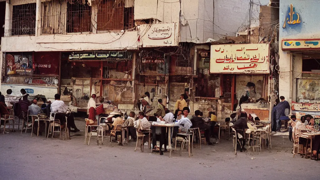 Image similar to colour photograph of a cafe in central baghdad in the 1 9 6 0 s + fujifilm