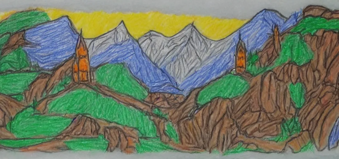 Image similar to Rivendell poorly drawn in wax crayon by a five-year old