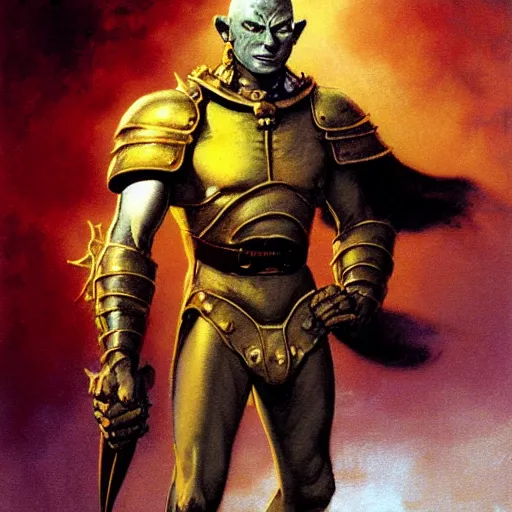 Image similar to ( ( ( quarter length portrait of a gaunt noseless yellow - skinned bald githyanki warrior in a breastplate, wielding a magical silver greatsword ) ) ), greg rutkowski, frank frazetta, alexandre chaudret, boris vallejo, michael whelan, miro petrov, magali villeneuve, donato giancola, d & d