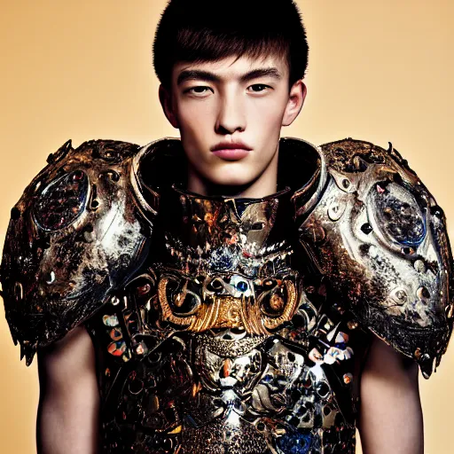 Prompt: a portrait of a beautiful young male wearing an alexander mcqueen armor made of sweet dreams , photographed by andrew thomas huang, artistic