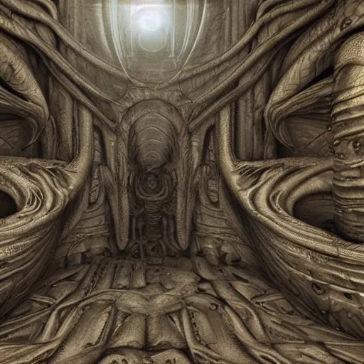 Prompt: HYPER REALISTIC VFX SIMULATION of one of H.R GIGER'S works