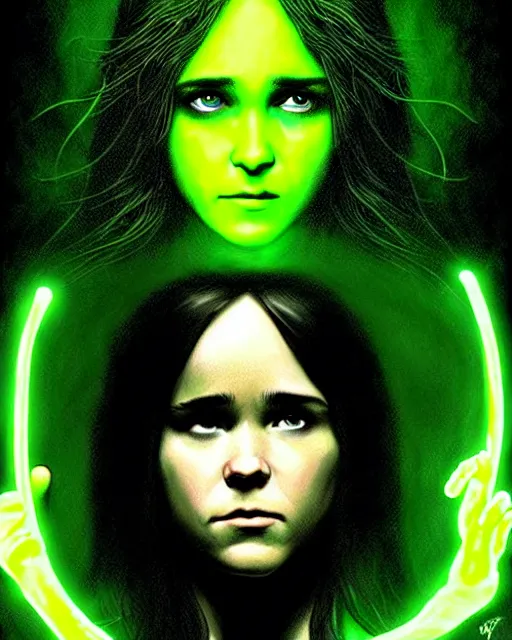 Prompt: ellen page with yellow glowing eyes as a dark sorceress casting a green spell, green lighting, fantasy character portrait, ultra realistic, concept art, intricate details, highly detailed by james bama, william adolphe bouguereau and frank frazetta