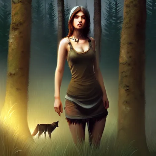 Prompt: a pretty girl surrounded by wolves, in the woods, digital painting, photorealistic, in the style of greg rutkowski, full body, detailed face, sharp, unreal engine 5