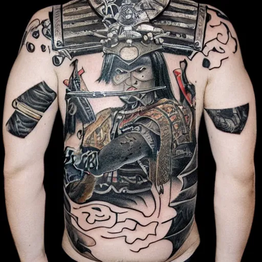 Image similar to A hyper-realistic tattoo design of a samurai warrior carrying a sword and a shield and wearing realistic samurai armor, faded background of a Japanese landscape, black and white