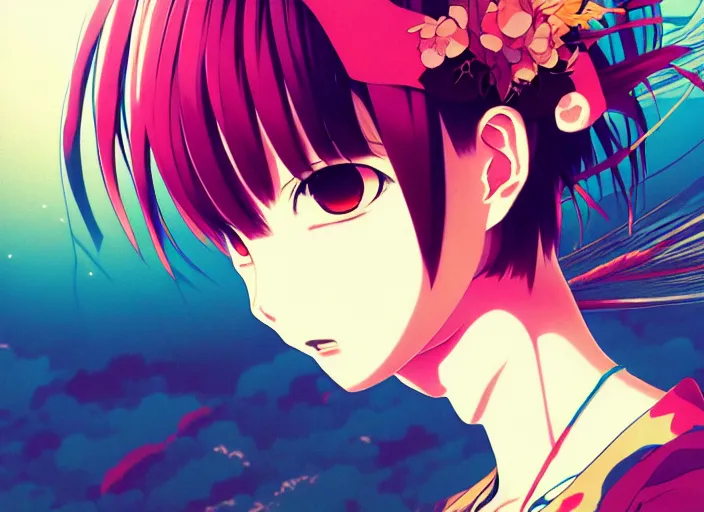 Image similar to yoh yoshinari editorial illustration colorful anime portrait of shiina ringo, murata range, manga, ilya kuvshinov, fine texture, detailed, matte colors, perfect anime face, cinematic dramatic lighting, film grain, dynamic composition, moody, vivid, volumetric, alphonse mucha, stippled lighting