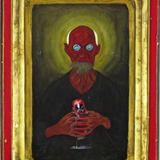 Image similar to portrait of alexander abdulov, with a red eyes, satanic body, head of old man, hands with blood of sinners