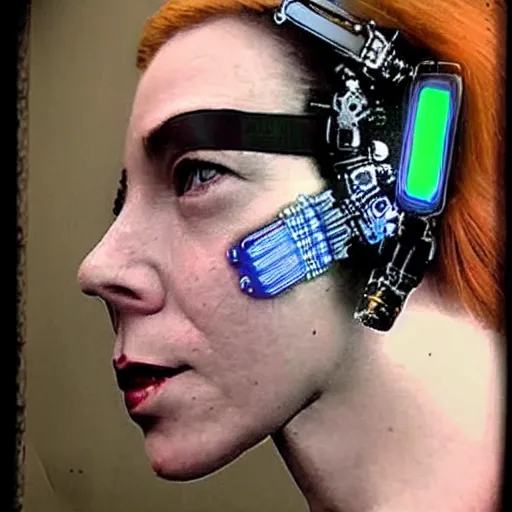 Image similar to grainy photo of an ugly woman, wearing bionic implants, cyborg!! criminal!!, (((((high tech, circuit boards)))))