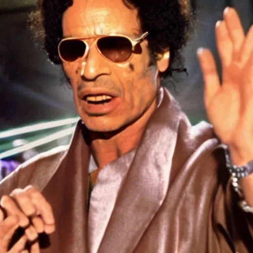 Prompt: A movie still of Muammar Gaddafi wearing a disco suit in Satuday Night Fever