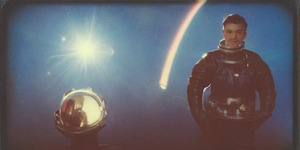 Prompt: vintage polaroid analog photo of a beautiful young gay man wearing a space helmet, leather harness, stars, warm azure tones, heavy lensflare, color bleed, film grain, depth of field, jules bastien - lepage, rudolph belarski, johfra bosschart, alexandre cabanel