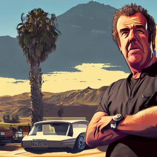 Image similar to Jeremy Clarkson in GTA V, cover art by Stephen Bliss, artstation, no text