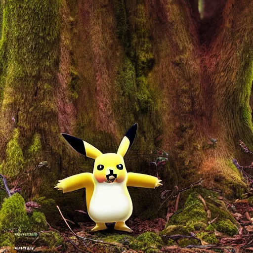 Image similar to pikachu in a forest, realistic, national geographic wildlife photography