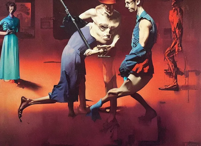 Prompt: a still from the tv series law and order by francis bacon and norman rockwell and james jean, and mark brooks, triadic color scheme, by greg rutkowski, syd mead and edward hopper and norman rockwell and beksinski, dark surrealism, purple and orange and turquoise