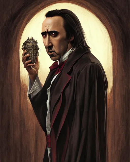 Image similar to nicolas cage as dracula, dogtooth, highly detailed, centered, artstation, concept art, smooth, sharp focus, illustration, bokeh art by artgerm and donato giancola and joseph christian leyendecker