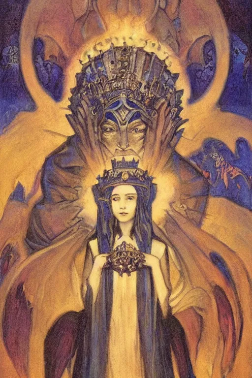 Image similar to child of darkness with her crown and lantern, by Annie Swynnerton and Nicholas Roerich and jean delville, dramatic cinematic lighting , ornate headdress , flowing robes, sacred artifacts, lost civilizations, smooth, sharp focus, extremely detailed