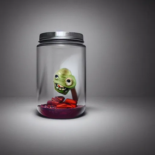 Prompt: Evil monster in a jar, product photography, studio lightning