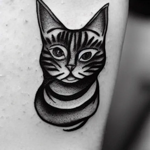 Prompt: stick and poke tattoo of a cat, black and white tattoo, linework