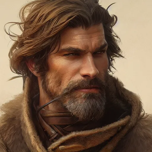 Prompt: portrait of a ruggedly handsome ranger, coherent hands, muscular, full body, leather, hairy, d & d, fantasy, intricate, elegant, highly detailed, digital painting, artstation, concept art, smooth, sharp focus, illustration, art by artgerm and greg rutkowski and alphonse mucha