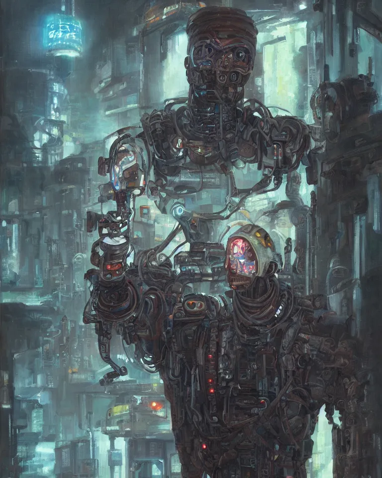 Image similar to an oil painting portrait of a cybernetic junkyard ghost, cyberpunk, shadowrun, in the style of brom