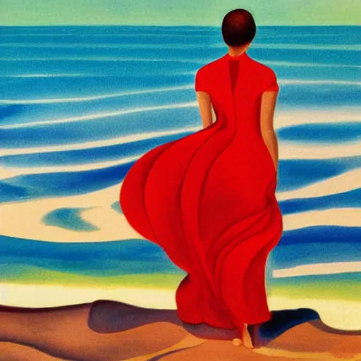 Prompt: a woman standing in the sea at the beach. She is wearing a red flowing dress in the style of Georgia O'Keeffe. Sunlight is reflecting off the waves. Detailed digital art.