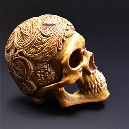 Image similar to intricately carved human skull, intricate ornament, gilding