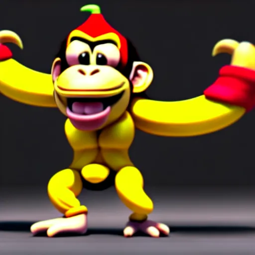 Image similar to Donkey Kong stepping on a banana. The banana is on the ground, Donkey Kong is above the banana. 3D render