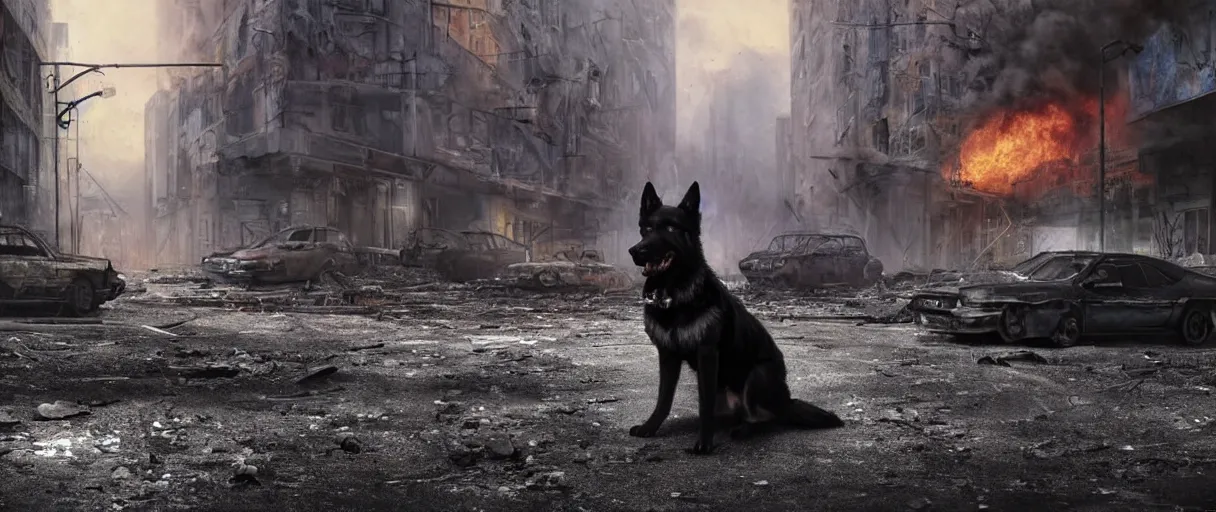 Image similar to A beautiful hyperrealistic ultradetailed matte painting of a scruffy black German Shepherd standing in the middle of city street at night in an abandoned post-apocalyptic city, abaonded cars on fire, crumbling buildings, unreal engine, deviant art, flickr, artstation, octane render, textured, colorful, hyperrealistic, physically based rendering, pbr render, very detailed, volumetric lighting, octane render, 4k, cinematic, 8k resolution,