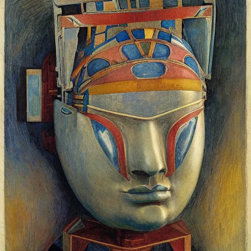 Image similar to the robot in her moth mask, by Annie Swynnerton and Diego Rivera, in profile, symbolist, dramatic lighting, elaborate geometric ornament, Art Brut ,god rays, soft cool colors,smooth, sharp focus, extremely detailed, Adolf Wölfli
