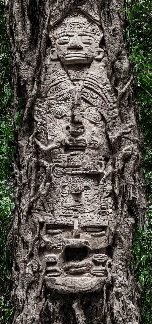 Image similar to portrait of mayan gods carved in a tree, octane render, photorealism, highly detailed, hdr, 8 k, complex 3 d render, hyper detailed, ultra sharp