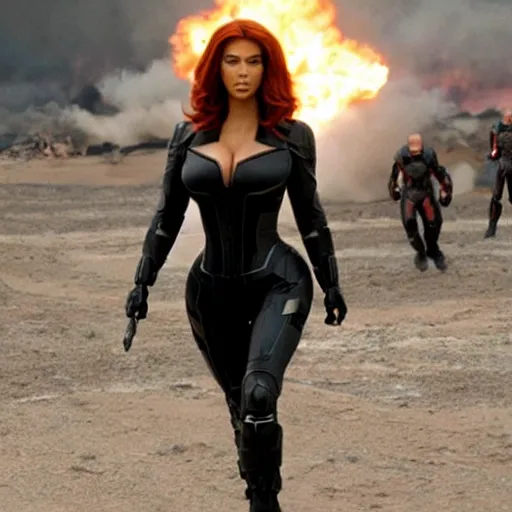 Prompt: A still of Kim Kardashian as Black Widow in Iron Man 2 (2010),