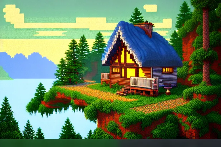 Image similar to view of a cottage above an azure lake, beautiful detailed pixelart by albertov, intricate details, smooth gradients, beautiful, volumetric lighting, cgsociety, artstation