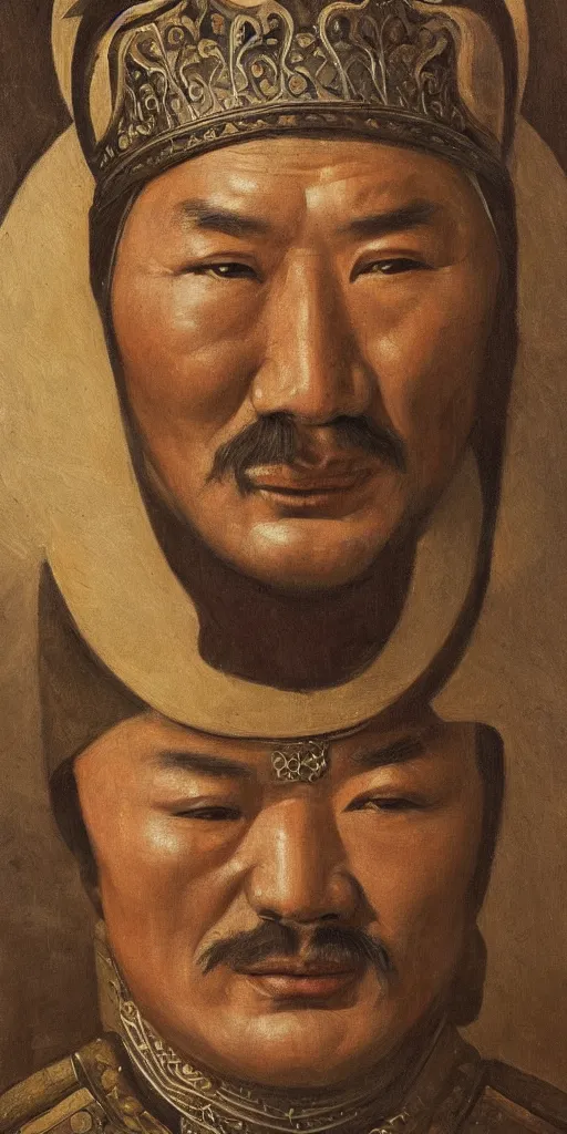 Image similar to a stunning and noble highly detailed romantic period style portrait of Genghis Khan\'s head by Josep Tapiró Baró, trending on artstation, oil painting masterpiece, symmetry, fractals, Mongolian iconography