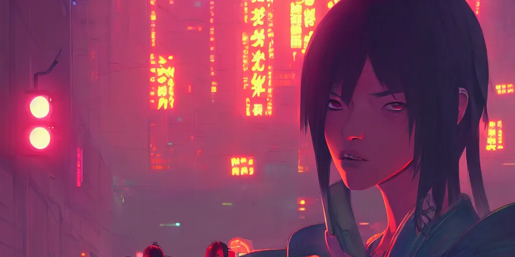 Image similar to digital illustration closeup portrait of cyberpunk samurai in city street at night by makoto shinkai, ilya kuvshinov, lois van baarle, rossdraws, basquiat | afrofuturism, in the style of hearthstone, trending on artstation | cool color scheme